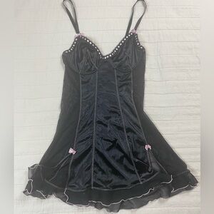 Private Luxuries Black Satin Lingerie Babydoll Slip Dress with Pink Accent Small